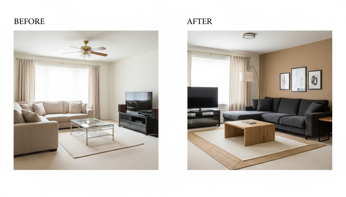 A clean split-screen comparison of an AI room before-and-after pair — left side shows a real, slightly dated phone photo of a beige-toned living room with a worn loveseat, builder-grade brass ceiling fan, plain off-white walls, and a small TV stand; right side shows the same room rendered by AI in a warm contemporary style with a charcoal bouclé sofa, a low oak coffee table, a layered jute and cream rug, a brass arc floor lamp, a clay-toned accent wall, and a framed art cluster — illustrating an AI room before and after transformation from a single photo.