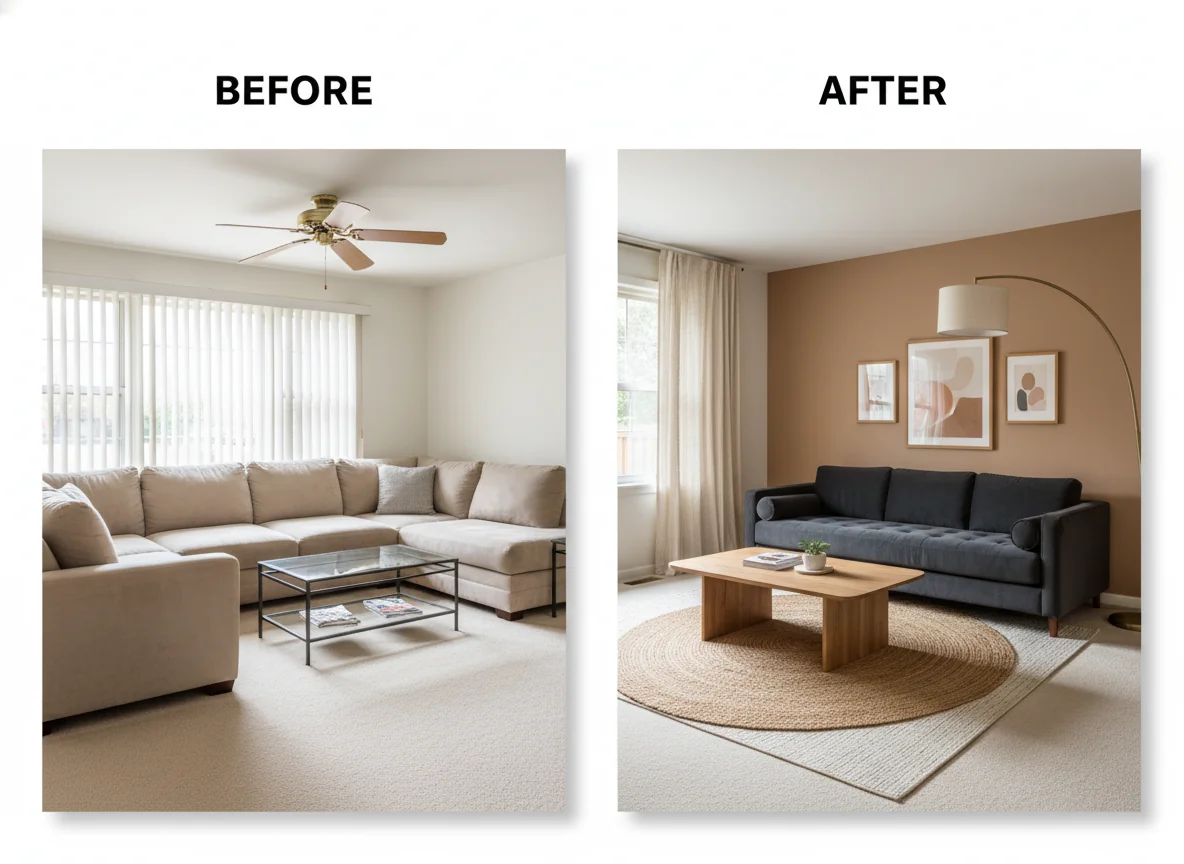 A clean editorial side-by-side comparison of a typical mid-2010s suburban living room — beige walls, a worn beige microfiber sectional, a glass-and-metal coffee table, a flat-screen TV on a low black media stand, off-white vertical blinds, and a builder-grade brass ceiling fan — next to the same room rendered by AI in a warm contemporary style with a deep charcoal bouclé sofa, a low oak coffee table, a layered jute and cream rug, a brass arc floor lamp, a clay-toned accent wall behind the TV, and a framed art cluster above the sofa, illustrating a real AI room before and after transformation.