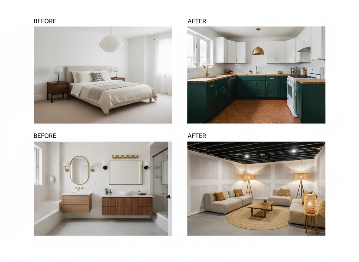 A clean editorial 4-up grid showing four small AI before-and-after pairs side-by-side — top-left bedroom (builder-grade primary suite to quiet Japandi), top-right galley kitchen (white-cabinet apartment kitchen to moody bistro with forest-green lowers and brass), bottom-left bathroom (1990s beige vanity bathroom to spa-contemporary with floating walnut vanity), bottom-right unfinished basement (concrete floor and exposed ceiling to warm finished lounge with oatmeal sofas) — each pair labeled "Before" and "After" — illustrating the breadth of AI room before-and-after transformations across different room types.