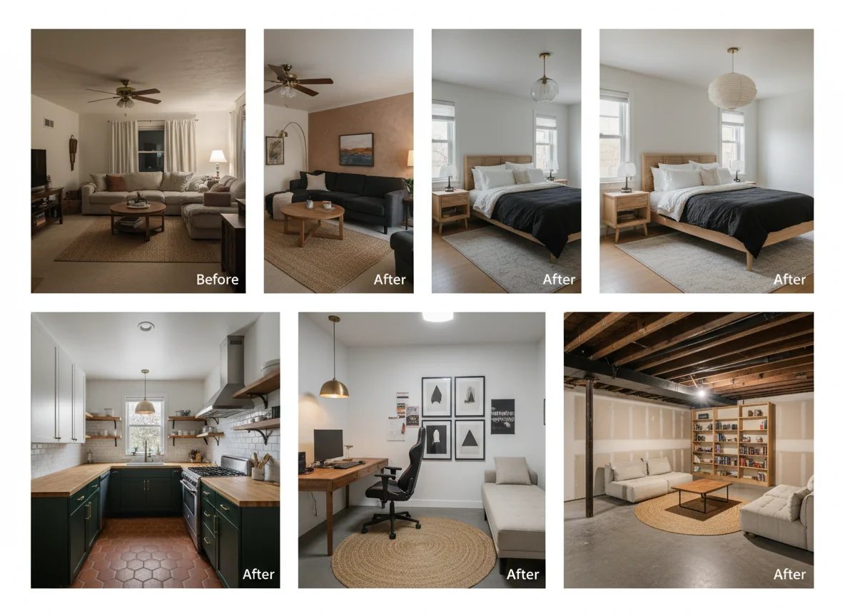 A clean editorial 5-up grid showing five small AI room makeover before-and-after pairs side-by-side — top-left living room (suburban beige to warm contemporary), top-right bedroom (builder-grade to quiet Japandi), middle galley kitchen (white-cabinet apartment kitchen to moody bistro with forest-green lowers and brass), bottom-left home office (cluttered guest-room desk corner to focused minimalist), bottom-right unfinished basement (concrete floor and exposed ceiling to warm finished lounge with oatmeal sofas) — each pair labeled "Before" and "After" — illustrating the breadth of AI room makeover examples across different room types.