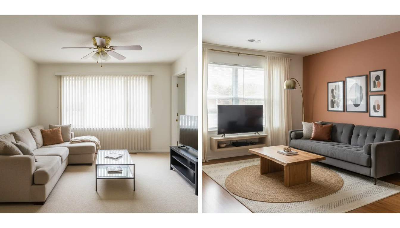 A side-by-side comparison generated by an AI room makeover app — left frame shows a real phone photo of a dated suburban living room with a beige microfiber sectional, glass coffee table, brass ceiling fan, vertical blinds, and off-white walls; right frame shows the same room rendered in a warm contemporary style with a charcoal bouclé sofa, low oak coffee table, layered jute and cream rug, brass arc floor lamp, clay-toned accent wall behind the TV, and a framed art cluster — illustrating a photoreal AI room makeover from a single phone photo.