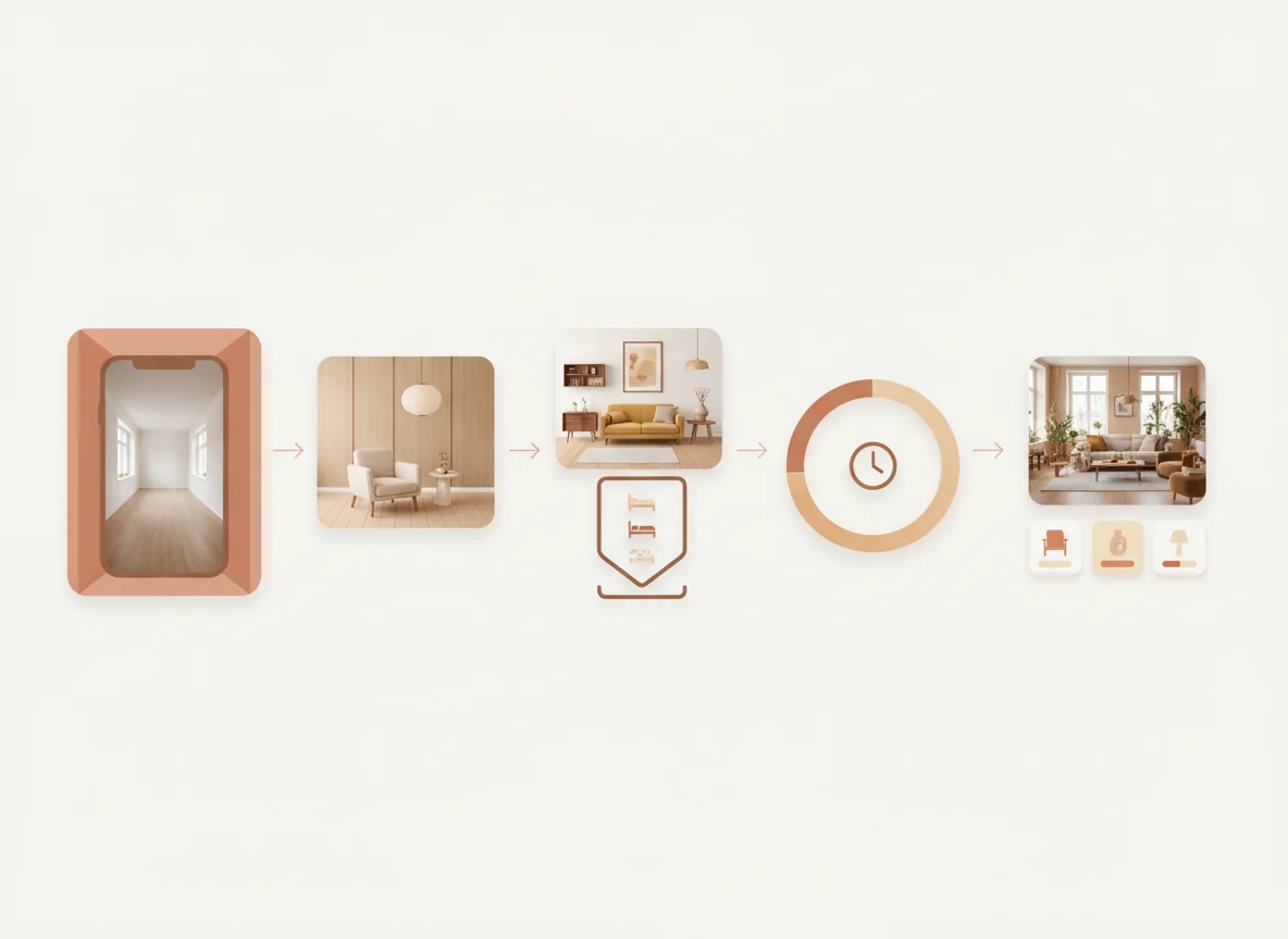 A clean diagram-style illustration showing the five-step AI room makeover app workflow in a horizontal row — step 1 a smartphone icon showing a doorway photo of a living room, step 2 a style-picker showing labeled tiles for Japandi, mid-century modern, warm contemporary, step 3 a small dropdown labeled with a room-type selector for living room/bedroom/kitchen, step 4 a circular progress indicator with the text "30–90 sec", step 5 a finished render of a redesigned living room with small product-shopping cards underneath — illustrating the photo-in-styles-out workflow of an AI room makeover app.