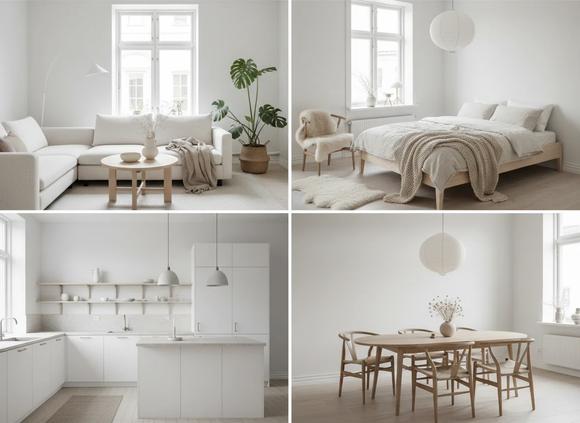 A clean 4-up editorial grid showing four AI-rendered Scandinavian rooms side-by-side — top-left a bright living room with a cream bouclé sofa, round pale-oak coffee table, slim arc floor lamp, wool throw, and a tall potted monstera by a window; top-right a serene bedroom with a low platform bed in birch, layered cream and white linen bedding, a chunky-knit throw at the foot of the bed, a sheepskin draped over a wood chair, and a round paper pendant overhead; bottom-left a bright kitchen with white slab-front cabinets, pale honed stone counters, open pale-oak shelving holding a small set of ceramics and cookbooks, two matte-white pendants over an island, and a wool runner; bottom-right a cheerful dining room with an oval pale-oak table, paper-cord Wishbone-style chairs, a round paper pendant, and a small dried-grass arrangement in a pale ceramic vase — illustrating Scandinavian by room.