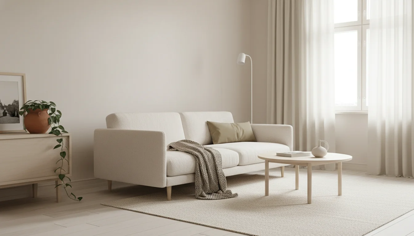 A photoreal AI-rendered Scandinavian living room with pale white-oak flooring, soft white plaster walls, a low cream bouclé sofa with visible birch legs, a round white oak coffee table, a slim arc floor lamp in matte white, a thick chunky wool throw in oatmeal draped over the sofa arm, a single trailing pothos in a stoneware pot on a low credenza, a cream wool rug layered over the floor, and bright diffuse natural light from a tall linen-curtained window — illustrating an AI Scandinavian interior design generated from a single phone photo.