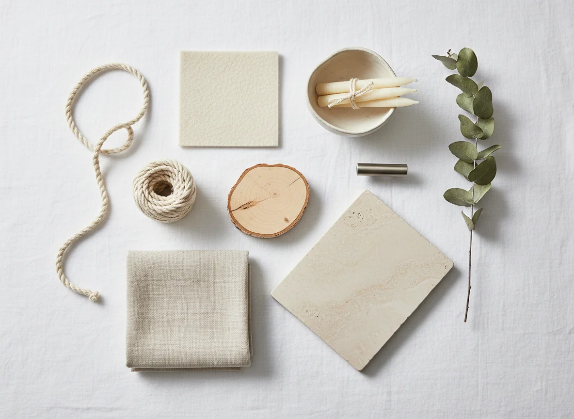 A clean editorial flat-lay showing the Scandinavian material palette laid out on a bright white linen background — a small slab of pale birch, a square of cream wool felt, a coil of natural undyed cotton rope, a folded piece of unbleached linen, a smooth honed pale stone tile, a brushed nickel cabinet pull, a small white stoneware bowl, and a tied bundle of beeswax taper candles in pale cream — illustrating the bright, pared-back material vocabulary that defines Scandinavian interior design.