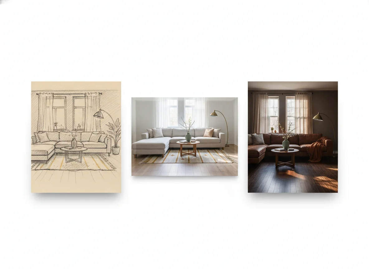 Three side-by-side panels on a designer's desk surface — left panel shows a loose pencil sketch of a small living room with two windows and an L-shaped sofa; center panel shows the same composition rendered photorealistically in a warm Scandinavian palette with oak floor and pale linen sofa; right panel shows the same composition rendered in a darker, masculine palette with walnut floor and cognac leather sofa — illustrating sketch-to-render variation passes used in a client presentation.