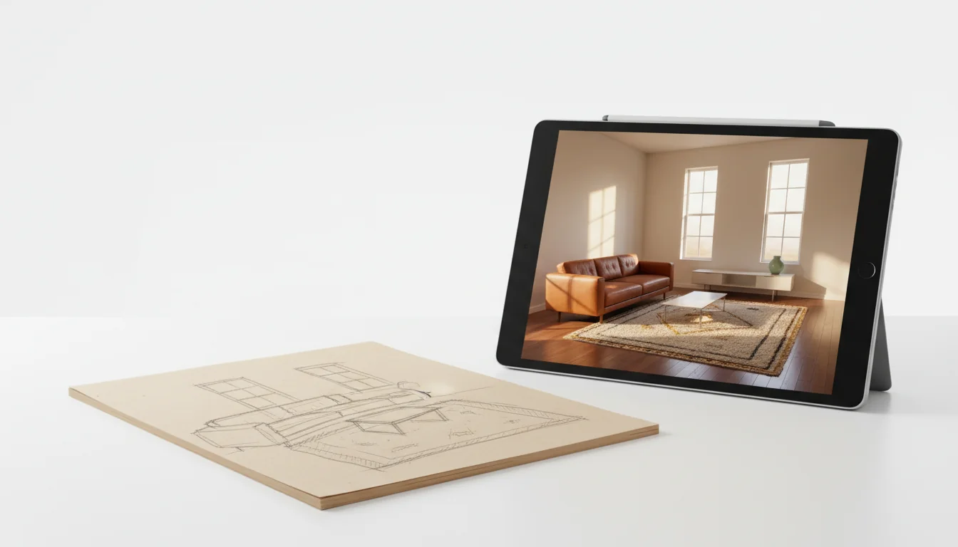 A designer's loose pencil sketch of a living room — sofa, coffee table, two windows, a rug — laid on a desk next to a tablet showing the same room rendered photorealistically with cognac leather, walnut floor, oatmeal rug, and warm afternoon light, illustrating AI sketch to rendering.
