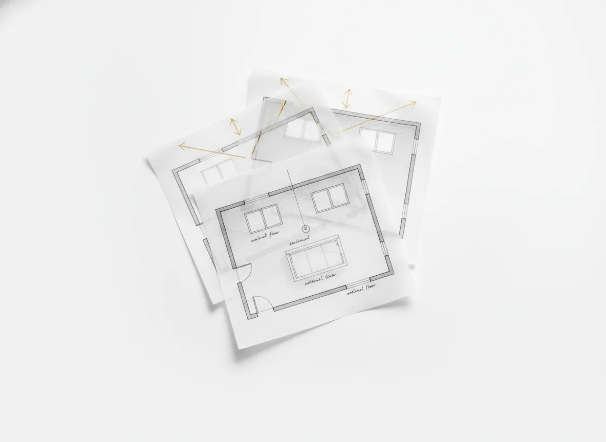 Three stacked sheets of architect's tracing paper fanned slightly on a clean white studio backdrop — the bottom sheet shows a hand-drawn pencil floor plan with walls, two windows, and a sofa; the middle sheet adds soft watercolor-free shading suggesting walnut floor and warm oatmeal sofa fabric; the top sheet shows light direction marks in warm graphite arrows angled through the windows — illustrating the geometry, materials, and lighting layers an AI sketch-to-rendering model infers from a hand drawing.