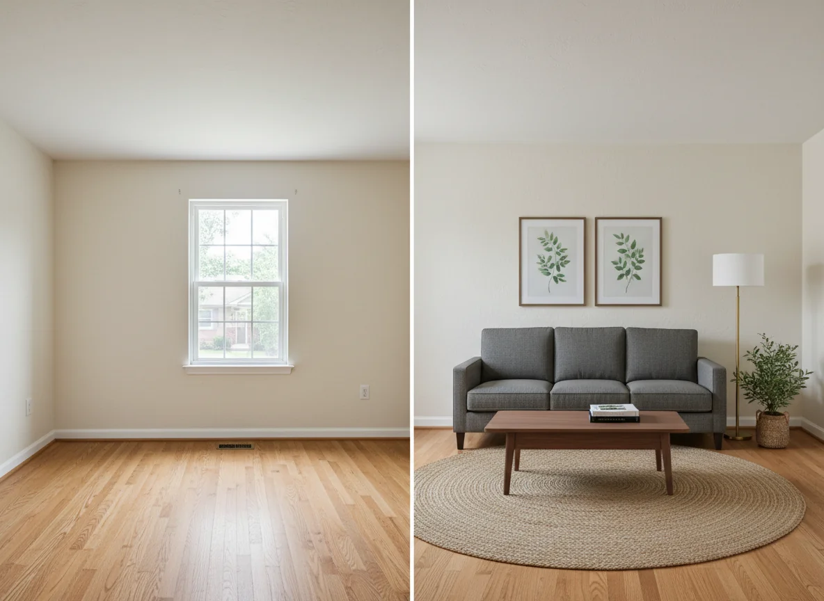 A side-by-side photo of an empty suburban living room — bare walls, scuffed beige carpet, afternoon light — next to the same room virtually staged with a charcoal sectional, walnut coffee table, oatmeal rug, framed botanical art, and a tall floor lamp, illustrating AI virtual staging before and after.