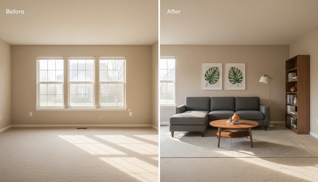 A side-by-side photo of an empty suburban living room — bare walls, scuffed beige carpet, afternoon light through tall windows — next to the same room virtually staged with a charcoal sectional, walnut coffee table, oatmeal area rug, framed art, and a tall floor lamp, illustrating AI virtual staging for realtors.