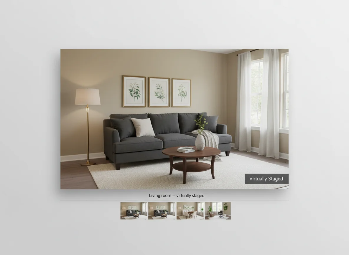 A photorealistic mockup of an MLS-style listing photo of a virtually staged living room — a small "Virtually Staged" badge in the lower-right corner of the image, a caption below the photo reading "Living room — virtually staged", and a thumbnail strip at the bottom showing a paired empty-room photo, illustrating MLS disclosure for AI virtual staging.