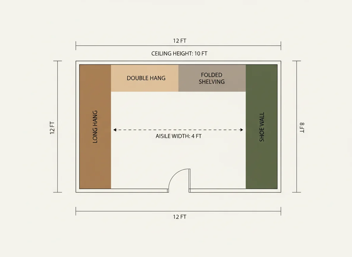 A clean instructional diagram of a rectangular walk-in closet floor plan, viewed from above, with dimension lines labeled along each wall, the door swing arc marked at the entry, the ceiling height noted, the clear aisle width measured down the center, and the four storage zones color-blocked along the walls — long hang, double hang, folded shelving, and a shoe wall — illustrating the measurements an AI walk-in closet design tool needs to produce an accurate render.