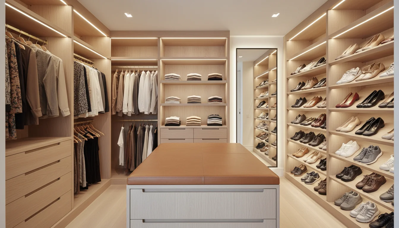 A photoreal AI-rendered walk-in closet with warm white oak shelving on three walls, a low central island with a leather-topped drawer unit, integrated LED strip lighting under each shelf, a tall frameless mirror on the end wall, neatly zoned sections for long-hang garments, double-hung shirts, folded knitwear on open shelves, and a dedicated shoe wall — illustrating an AI walk-in closet design generated from a real room photo.