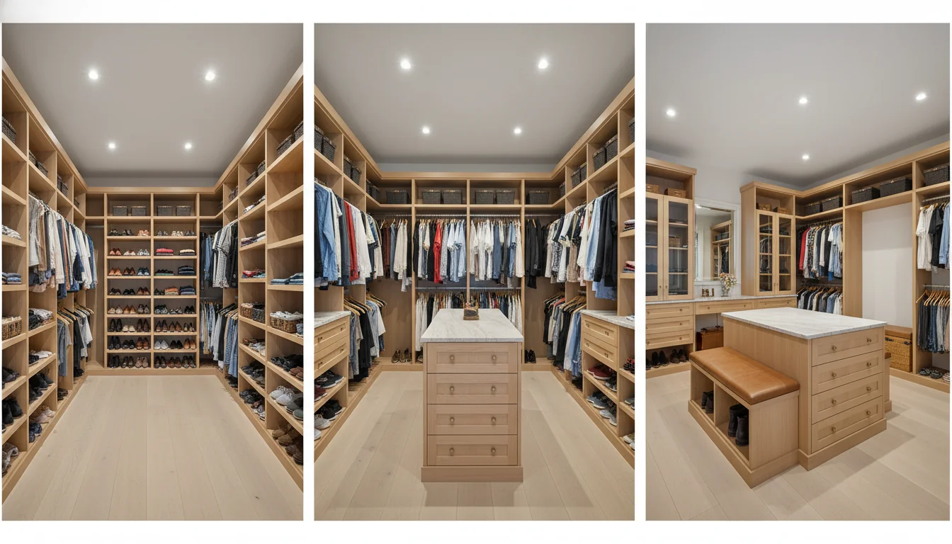 A side-by-side comparison of three AI-rendered configurations of the same walk-in closet — left panel a wall-only U-shaped layout with continuous oak shelving and hanging on three walls and a clear central aisle, center panel a slim central island with a stone top and a low drawer bank, right panel a full island with a leather-topped seat and deep drawers in a wider dressing-room-style closet — each panel labeled with its layout type, illustrating how AI walk-in closet design lets you preview island versus wall-only options before committing.