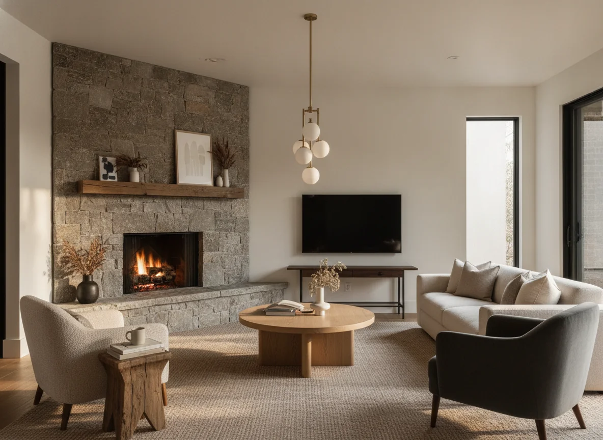 An AI-rendered living room with a corner stone fireplace on a 45-degree angled hearth, shown as a conversation zone fix — a low cream sofa floated parallel to the long wall, two charcoal accent chairs at 90 degrees forming a square, a round oak coffee table centered on the rug, a tall pendant lamp over the seating cluster, the fireplace with a single armchair pulled up next to it and a small side table on the hearth, a warm neutral rug defining the seating zone separate from the hearth area, and a slim console holding a TV on the adjacent wall — illustrating the corner fireplace layout fix.