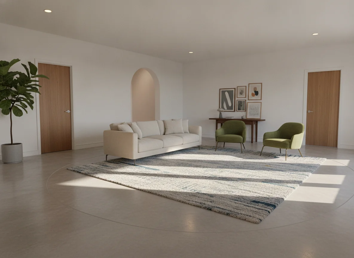 An AI-rendered living room with three doorways — one on the left wall, one on the right wall, and a wide archway at the rear — shown with the traffic-path fix applied: a low cream sofa perpendicular to the dominant path from the archway to the left door, a rug anchoring the seating cluster entirely on one side of the path, two green accent chairs opposite the sofa forming a conversation square, the bare floor around the rug serving as clear circulation space, a tall fiddle-leaf fig in the far corner, a narrow console with art on the one solid wall, and warm overhead lighting defining the seating zone — illustrating the too-many-doorways layout fix.