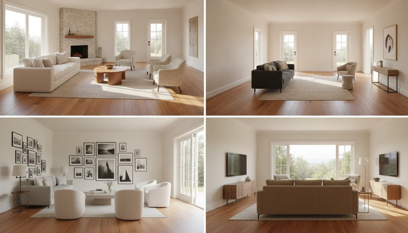 An AI-rendered single living room shown four ways in a clean 2×2 grid — top-left the corner fireplace room with a floating sofa facing the hearth, top-right the too-many-doorways room with a rug anchoring the seating away from the traffic paths, bottom-left the no-focal-wall room with a gallery wall behind the sofa, bottom-right the TV-vs-window conflict room with a slim console and TV placed between two windows — illustrating four awkward living room layout fixes generated from a single photo.