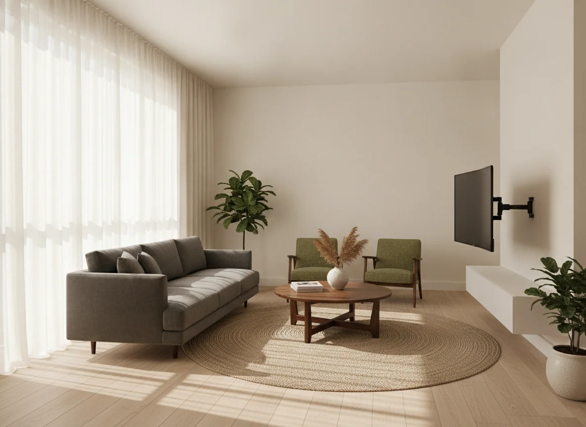 An AI-rendered living room with a large window on the left wall and a solid wall to the right, shown with the TV-vs-window fix — the sofa is floated parallel to the window, facing the room's center and angled slightly toward the window, a slim low-profile TV console on the solid wall with a full-motion mount angling the screen toward the seating, a round coffee table centered between the sofa and a pair of accent chairs, a soft linen curtain on the window, warm natural light coming in from the side, and the room reading as bright and open rather than TV-dominated — illustrating the TV-vs-window conflict layout fix.