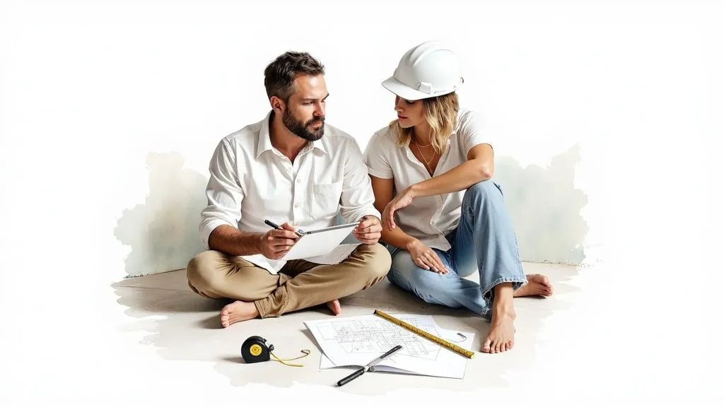 A man and a woman in a hard hat reviewing home renovation blueprints on the floor.
