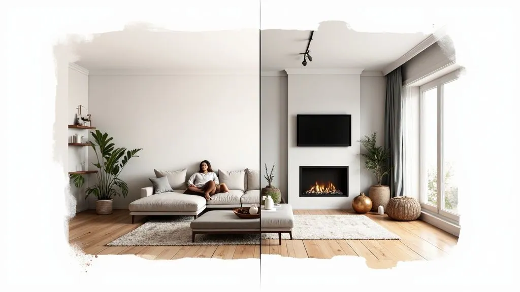 Modern living room before and after renovation comparison showing minimalist design with fireplace
