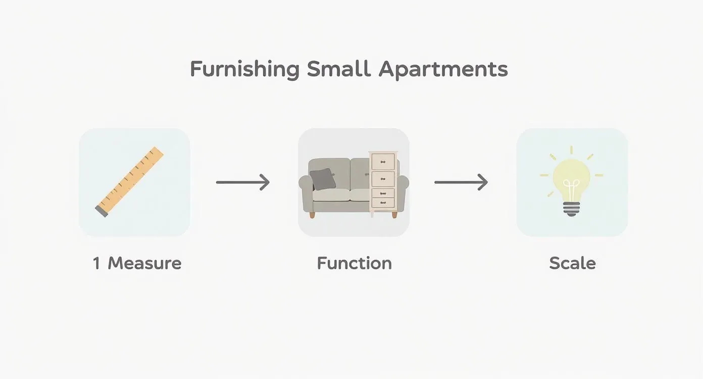 Flowchart explaining how to furnish small apartments: Measure, Function, and Scale.