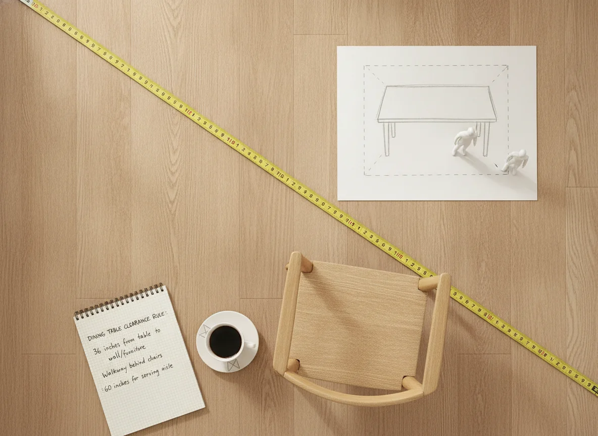 An editorial flat-lay on a light oak wood floor showing a tape measure stretched diagonally across the frame, a dining table dimension sketch next to it, a dining chair pulled out to show the 36-inch clearance behind it, a ruled notepad with clearance dimensions, and a coffee cup on the side — illustrating the dining table clearance rule.