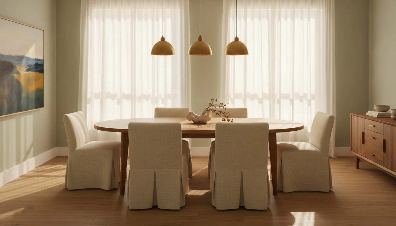 A photoreal AI-rendered dining room at midday with a warm medium-brown oval oak dining table seating six on upholstered side chairs in cream linen, a low ceramic centerpiece, warm brass pendant lights suspended above the table, a pale sage green wall, a large abstract landscape painting, a walnut sideboard against the far wall, sheer white curtains at the window, and the table proportioned precisely to the room with correct clearance — illustrating the dining table size guide.