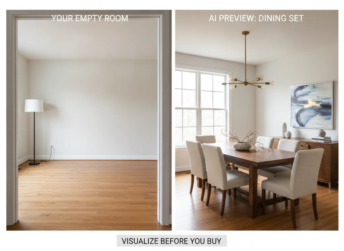 A split-screen editorial comparison showing the AI dining table preview workflow — left side a photo of an unfurnished empty dining room taken from the doorway with bare walls and oak floor, right side the same room after an AI render showing a walnut rectangular dining table with six upholstered chairs, a low ceramic centerpiece, warm brass chandelier above, an abstract painting on the wall, and a sideboard — illustrating how AI lets you preview a dining table in your actual room before buying.