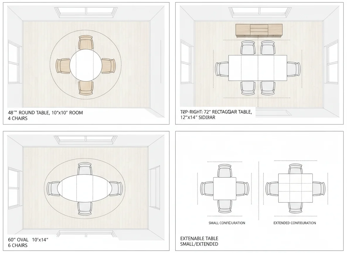 A clean editorial 4-up grid showing four AI-rendered dining table layouts — top-left a 48-inch round pedestal table in a small 10x10 room with four chairs, top-right a 72x38-inch rectangular table in a 12x14 room with six chairs and a sideboard, bottom-left a 60x40-inch oval table in a narrow room, bottom-right an extendable table shown in both configurations — illustrating dining table shape and size options.