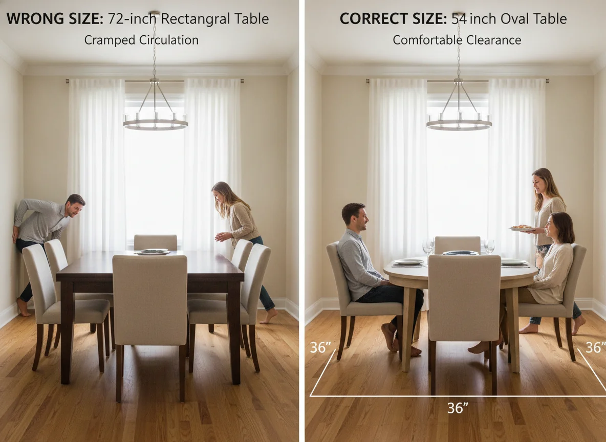 An editorial side-by-side comparison showing two AI-rendered dining room scenarios — left a room with an oversized 72-inch rectangular table where chairs are pushed against the wall and circulation is cramped, right the same room with a properly scaled 54-inch oval table with comfortable 36-inch clearance on all sides — illustrating the difference between wrong and correct dining table sizing.
