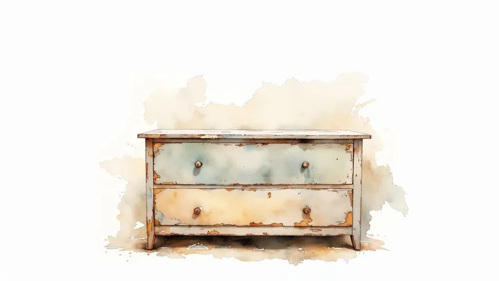 A watercolor painting of a distressed, vintage wooden dresser with two drawers and peeling blue and yellow paint.