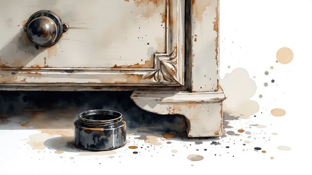 Watercolor painting of distressed cream furniture with a metal knob and an open dark jar.