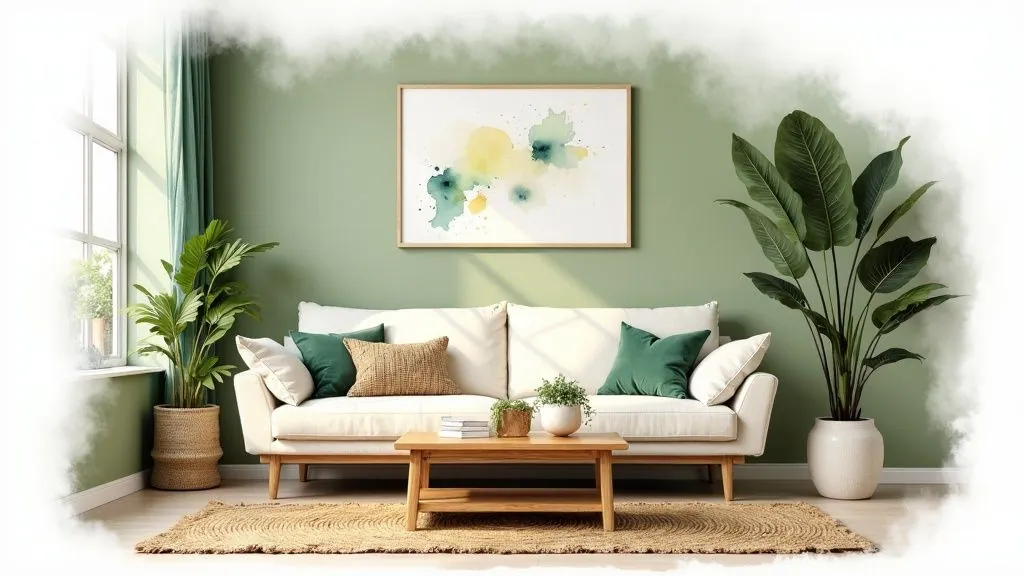 A cozy living room featuring sage green walls, a white sofa, plants, and abstract art.