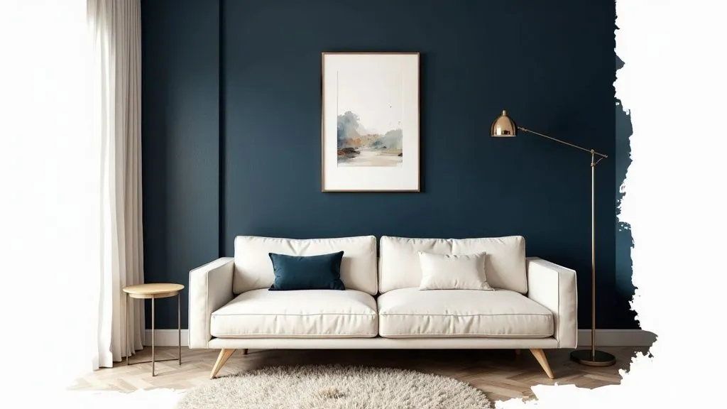 A stylish living room featuring dark blue walls, a beige sofa, and a gold floor lamp.