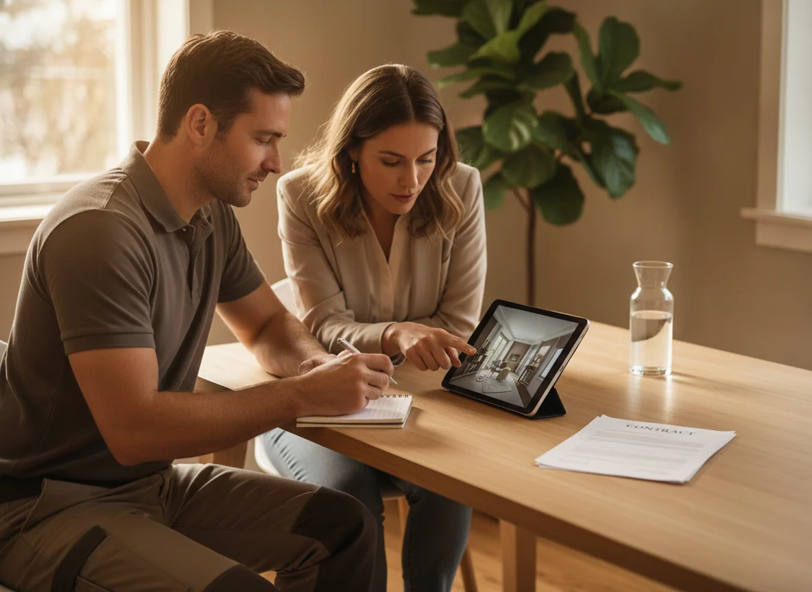 A photoreal scene showing a contractor and a homeowner sitting at a clean wooden desk looking at a tablet displaying an AI room render and a contract document, with the homeowner pointing at a specific detail in the render while the contractor nods and takes notes, a warm natural-light setting suggesting a collaborative change-order review session.
