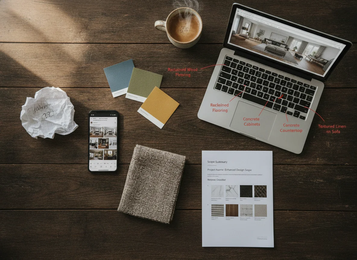 A split-screen editorial illustration showing two contractor briefing scenarios side by side — left side labeled "Without AI: Word-of-mouth confusion" depicts a cluttered kitchen table with a confusing handwritten sketch, a phone showing Pinterest boards, and scattered material samples; right side labeled "With AI: Shared visual truth" shows the same kitchen table with a single AI-generated room render on a laptop, a printed scope document, and one material sample swatch, illustrating how AI renders eliminate ambiguity in contractor briefs.