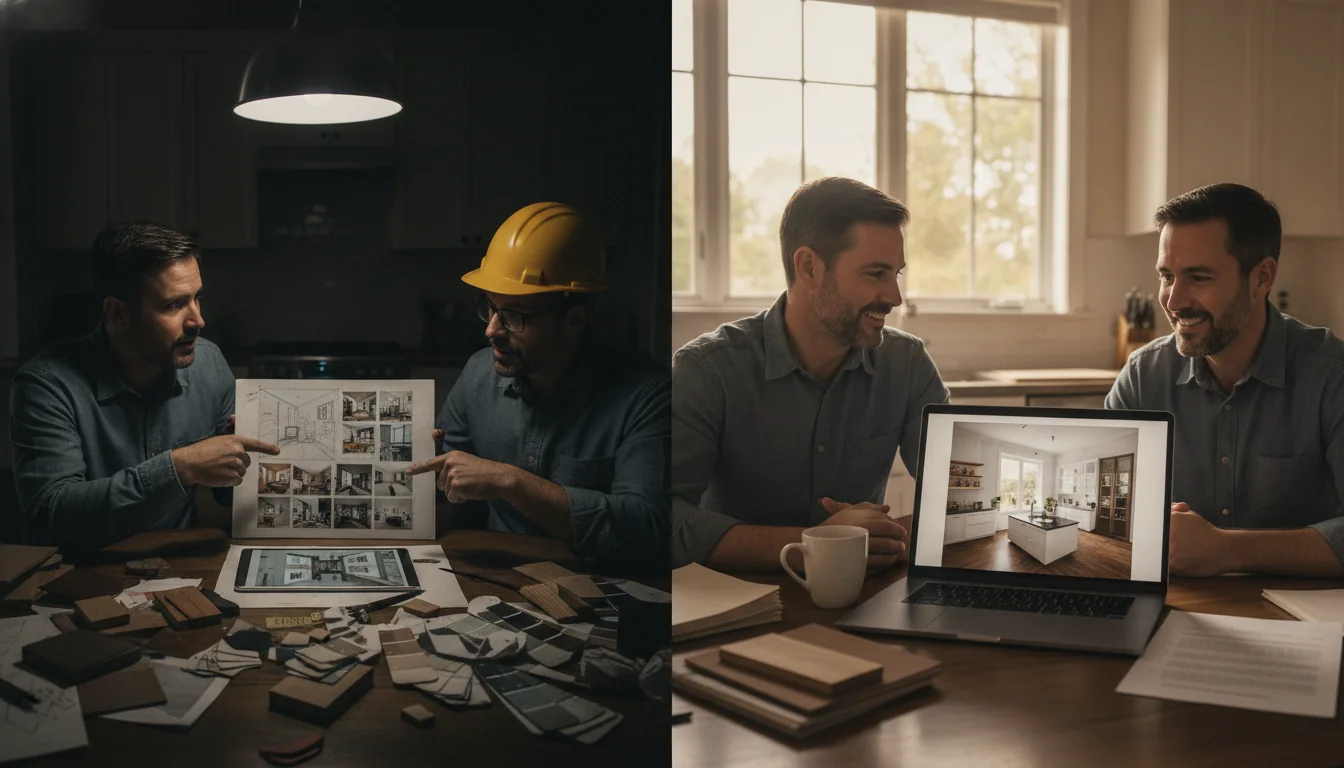 A clean photoreal split scene showing two contractor briefing scenarios side by side — left side shows a frustrated homeowner and contractor pointing at a confusing Pinterest board and vague hand-drawn sketch on a tablet, papers scattered on a kitchen table; right side shows the same pair examining a crisp AI-generated room render on a large screen with a clear scope document and a printed floor plan beside it, a cup of coffee between them, indicating a successful contractor briefing session with AI renders.