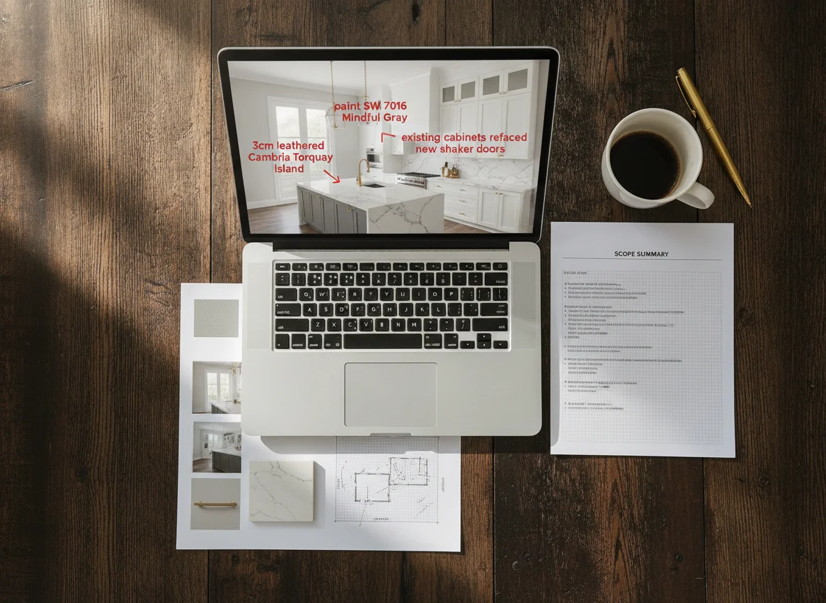 A clean editorial flat-lay showing the components of an AI-enhanced contractor brief — a laptop displaying an annotated AI room render with text labels pointing to specific finishes and materials, a printed material list with swatch photos, a room dimension sketch, and a one-page scope summary — all arranged on a dark wood table with a coffee cup and a pen, illustrating how to turn a render into a scope document.