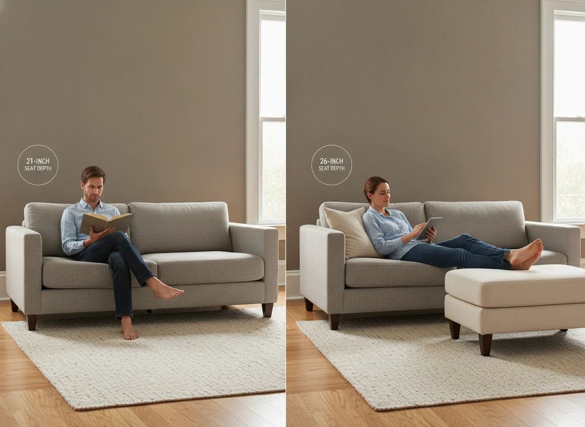 An editorial side-by-side comparison showing two AI-rendered seating scenarios — left side a person sitting upright on a 21-inch-deep sofa reading a book with feet flat on the floor, right side a person lounging on a 26-inch-deep sofa with feet on an ottoman and a throw pillow behind their back — illustrating how sofa seat depth changes comfort and sitting posture.