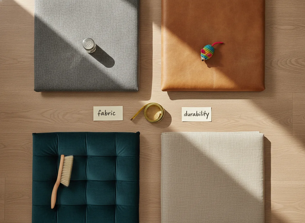 An editorial flat-lay on a light oak wood floor showing sofa fabric swatches — top-left a warm gray performance polyester with a salt shaker suggesting stain resistance, top-right caramel leather with a small cat toy suggesting pet durability, bottom-left dark teal velvet with a brush suggesting texture, bottom-right beige linen-cotton blend with sunlight across it, a measuring tape in the center — illustrating fabric choices for sofas.