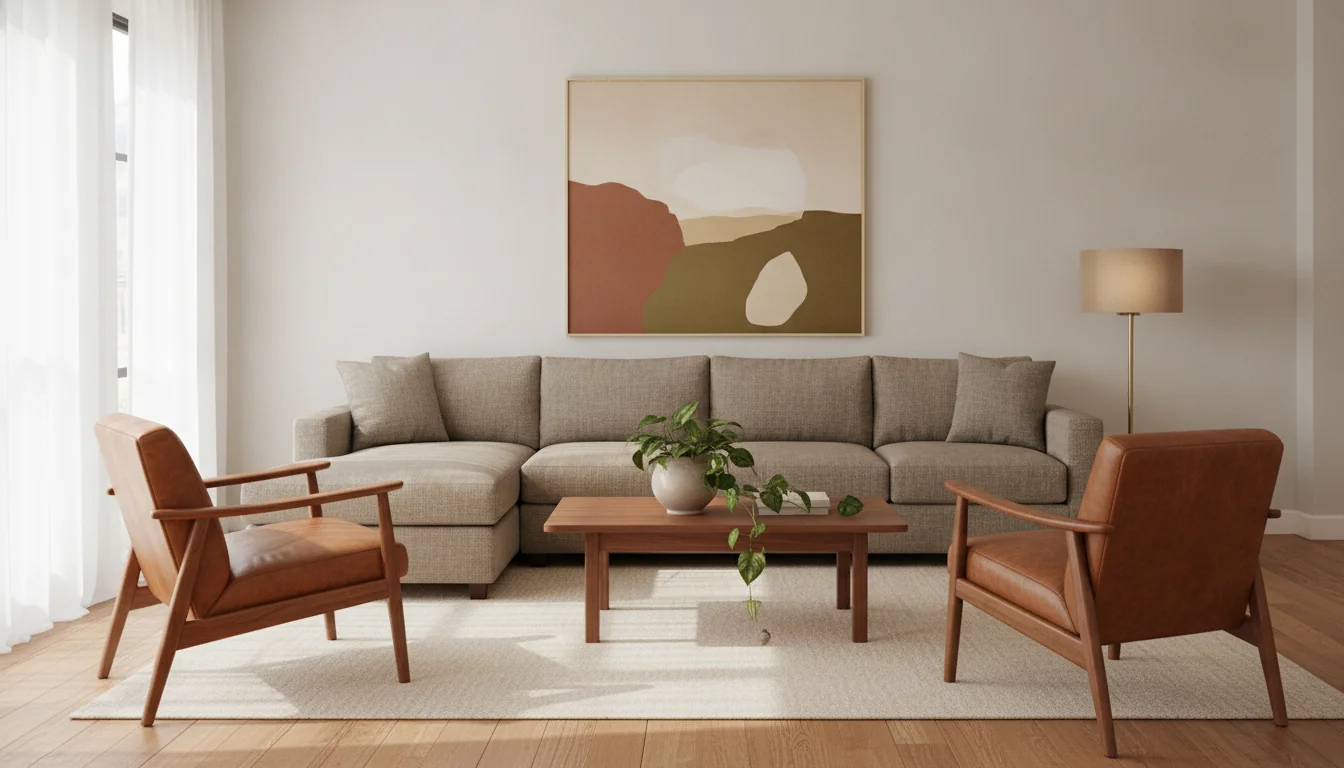 A photoreal AI-rendered living room at midday with a generously proportioned warm gray linen-weave sofa against a pale wall, the sofa scaled precisely to the room with a low walnut coffee table in front, a cream wool area rug underneath, two accent chairs in caramel leather at 45 degrees to the sofa, a floor lamp with a warm beige shade in the corner, a large abstract canvas above the sofa, a trailing pothos on the coffee table, soft natural light streaming through sheer white curtains, and the sofa's proportions reading as neither too large nor too small for the room — illustrating how to choose a sofa that fits.