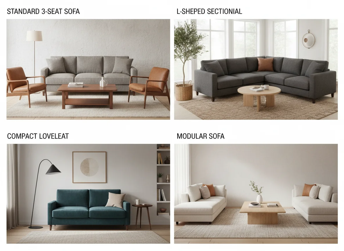 A clean editorial 4-up grid showing four AI-rendered sofa layouts — top-left a standard 3-seat sofa in warm gray linen with two caramel leather accent chairs, top-right an L-shaped charcoal sectional in a corner, bottom-left a compact deep-teal-velvet loveseat in a den, bottom-right an oat-linen modular sofa arranged as facing benches — illustrating how to choose the right sofa shape for a living room.