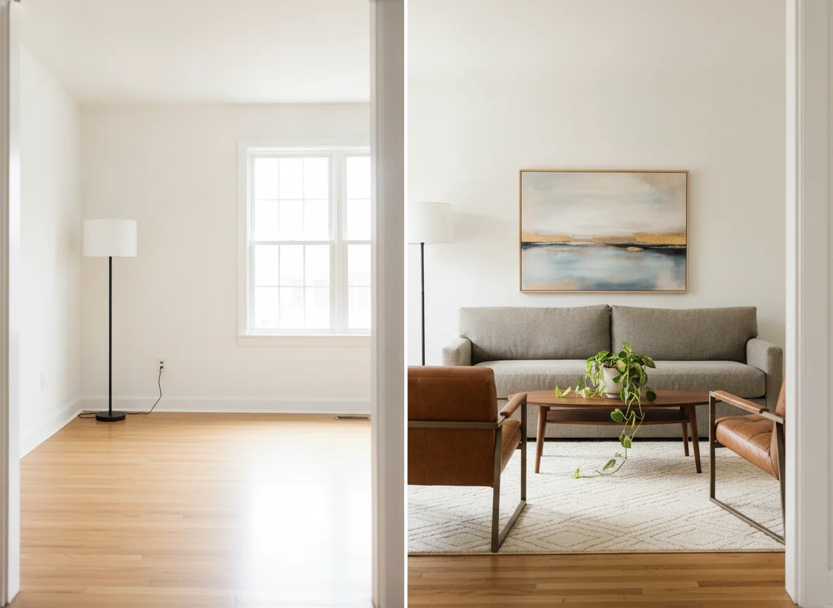 A split-screen editorial comparison showing the AI sofa preview workflow — left side a photo of an unfurnished living room taken from a doorway with bare walls, oak floor, and good natural light with nothing but a floor lamp in the corner, right side the same room after an AI render showing a warm gray linen sofa placed against the far wall at perfect scale with a low walnut coffee table, two caramel leather accent chairs, a cream wool area rug, a large abstract canvas above the sofa, and a trailing pothos on the coffee table — illustrating how AI lets you preview a sofa in your actual room before buying.