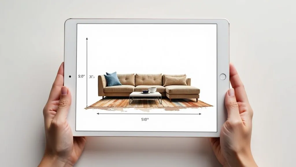 Hands holding tablet displaying sectional sofa with room measurement dimensions and arrows