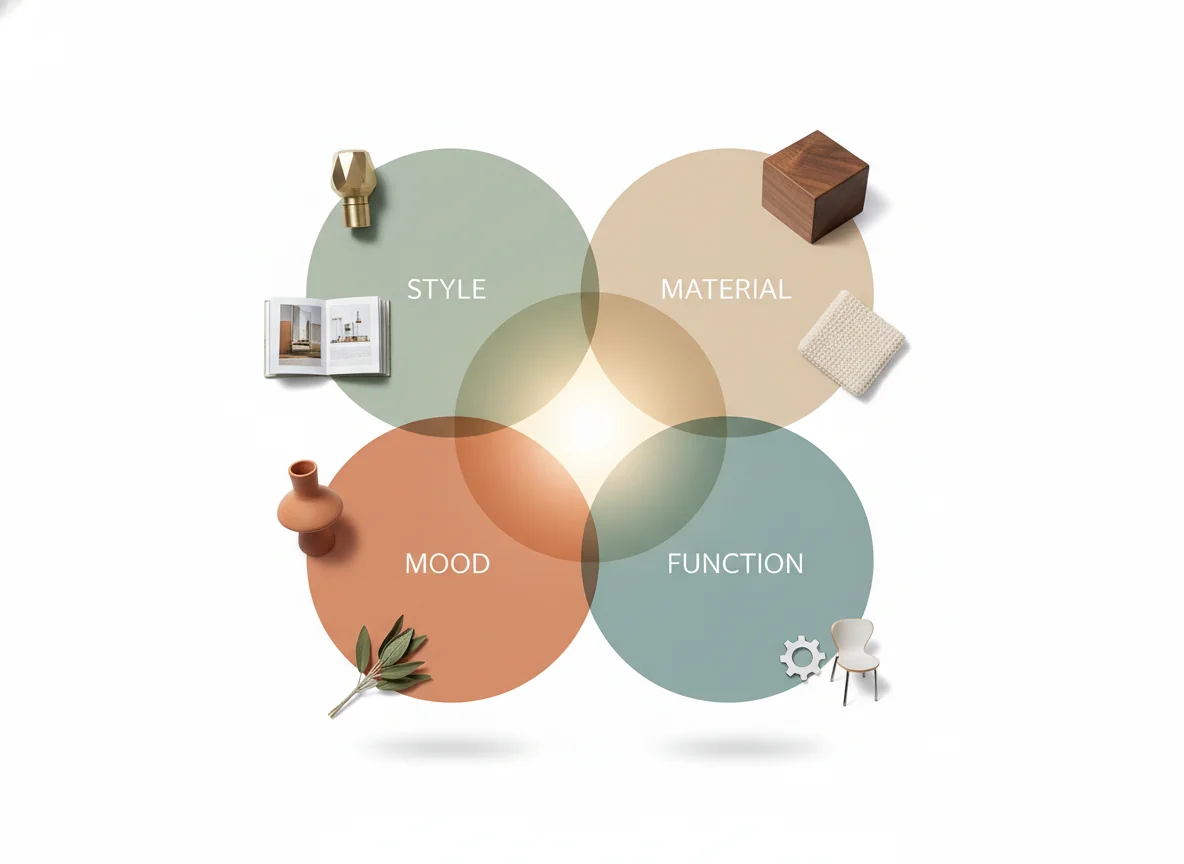 A diagram showing four overlapping circles labeled Style, Material, Mood, and Function, with the center intersection highlighted to show that strong AI interior design prompts sit at the overlap of all four variables.