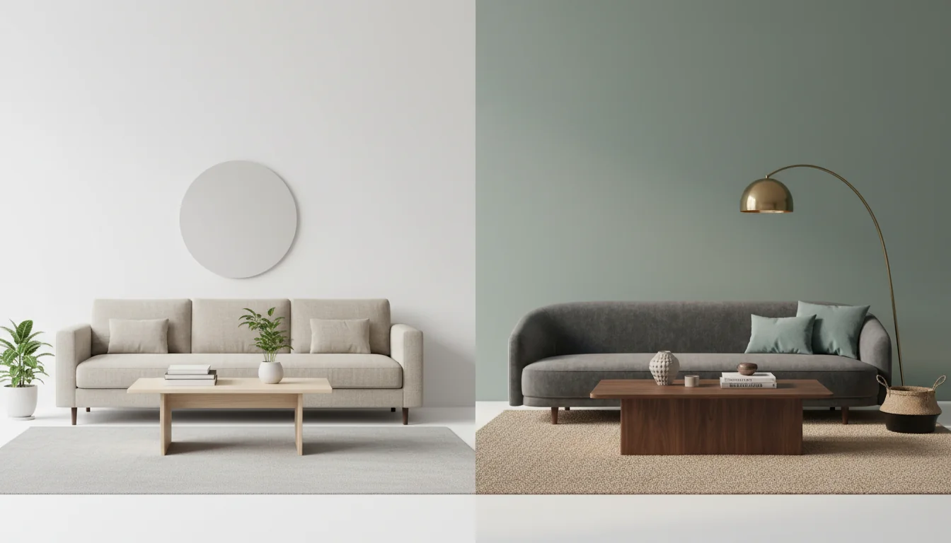 A split-screen comparison of two AI interior design renders of the same living room — left side shows a generic, vague-prompt result with a beige sofa and uncertain styling; right side shows a specific-prompt result with a charcoal bouclé sofa, walnut coffee table, oatmeal wool rug, and warm brass arc lamp in a Japandi style — illustrating how detailed AI interior design prompts produce better results.