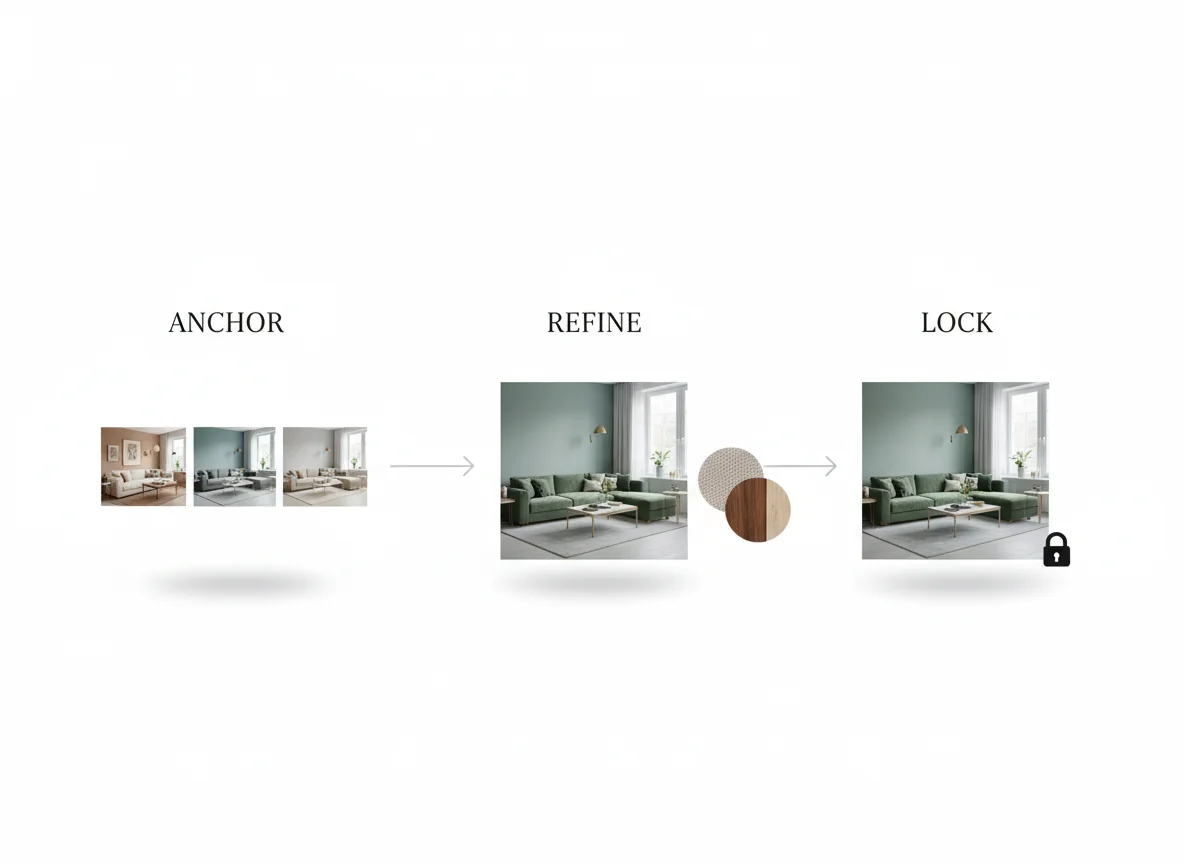 A flowchart-style diagram showing the three-phase AI interior design prompt iteration loop — Anchor (write strong prompt, generate 3-5 renders, pick the closest), Refine (edit one variable at a time, compare results), Lock (save the final prompt for variations) — illustrating the iteration workflow for AI interior design prompts.