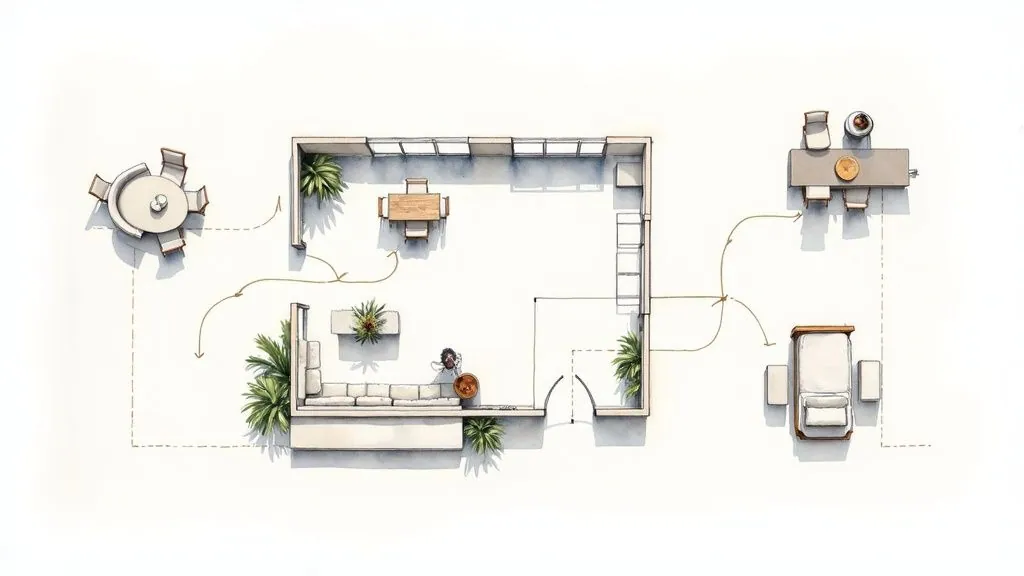 Aerial view floor plan showing living room, dining area, kitchen layout with furniture and plants