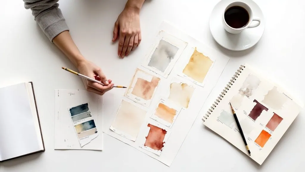 Overhead shot of an artist's hands painting watercolor swatches, surrounded by art supplies and coffee.
