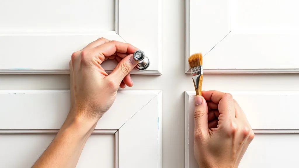 A person painting white kitchen cabinets, demonstrating a high-impact DIY project.